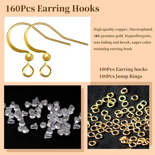 160 PCS/80 Pairs 18K Gold Tone Plated Earring Hooks Hypoallergenic Ear Wires Fish Hooks with 100 PCS Clear Silicone Earring Backs and 100 PCS Jump Rings Gold Earring Finding for DIY Jewelry Making - color: C style-18K Gold Earring Hooks