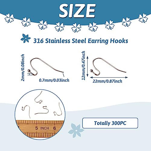 Pandahall 300pcs Stainless Steel Earring Hooks Surgical Hook Earwire with Ball End Fish Ear Wire for Jewelry Making 22x12x2mm