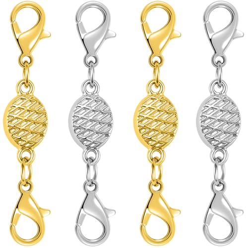 Magnetic Necklace Clasps and Closures-Magnetic Safety Clasp Extender with Lobster Clasps, Pineapple Texture Design, Gold and Silver (4pcs Gold Silver) - color: 4pcs gold silver