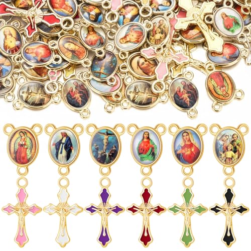 200 Pcs/ 100 Sets Rosary Making Kits Supplies Cross and Center Medal Charm Alloy Picture Religious Charms Crucifix Pendant for DIY Jewelry Making Prayer Bracelet Necklace Earring