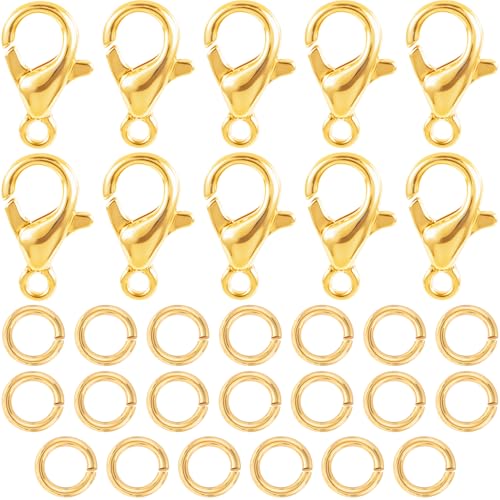 30pcs Lobster Claw Clasps & Jump Rings, 18K Gold Plated Metal Lobster Clasps, Jump Rings Jewelry Finding Kit for Necklace Bracelet Jewelry Making - color: 18K Gold-30pcs