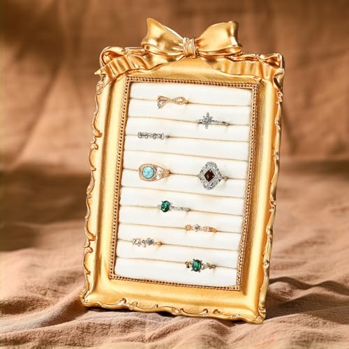 Liliaafar Vintage Ring Holder Bow Gold Ring Wedding Display Suede Jewelry Box Stand Frame Earring Tray Anniversary Engagement Baroque Organizer Photograph Prop for Women Birthday Christmas Gift - color: Gold, style: Bow