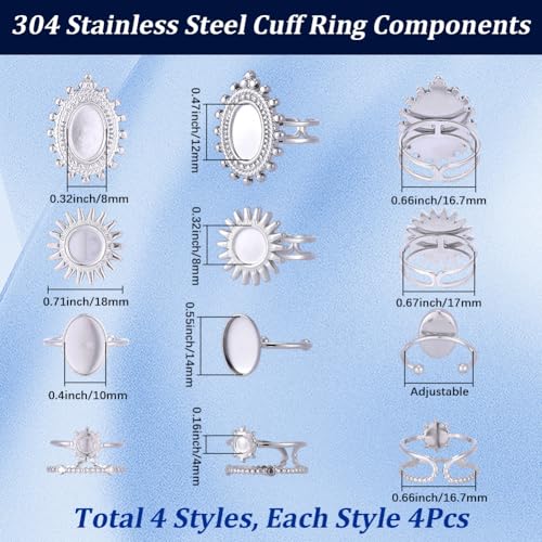 SUNNYCLUE 1 Box 16Pcs Stainless Steel Bezel Cabochon Ring Base Metal Antique Round Adjustable Prong Ring Blank Tray Setting Components for Jewelry Making Kits DIY Supplies Women Adult - style: Ring 4