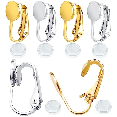 20pcs Clip-on Earring Converters Brass Round Flat Back Tray Earring Clips Components with Silicon Earring Pads for DIY Earrings Design Jewelry Making Findings, Gold and Silver - color: Silver,Gold