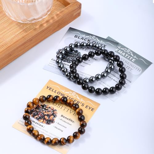 NCB 2.3-Piece 4mm Natural Crystal Gemstone Stretch Bracelets – Handmade Reiki Energy Healing Jewelry for Meditation,Yoga, Unisex - color: 3PCS ( Black Onyx+Hematite+Yellow Tiger's Eye ), size: 8mm