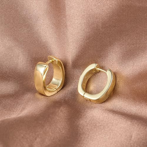 925 Sterling Silver Earrings Small Chunky Hoop Earrings for Women Trendy Huggie Hoop Earrings 14K Gold Plated Hypoallergenic Earrings Small Thick Huggie Hoops Earrings - color: 14K Gold