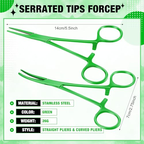 BBTO Hemostat Curved and Straight Hemostat Forceps Piercing Pliers Forceps, Stainless Steel Straight and Curved Pliers, Fishing Tweezer(Green,2 Pcs) - color: Green