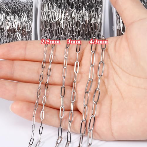 [33 Ft] Stainless Steel Paperclip Chains Roll, 2.5mm Width 304 Stainless Steel Oval Link Chains Spool Bulk for Jewelry Making - color: 2.5mm width