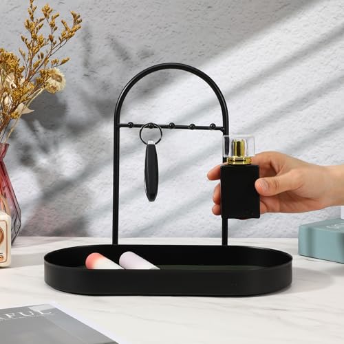 MAQUITA Key Holder Tray & Jewelry Organizer Stand with Acrylic Base, Key Stand and Jewelry Tray with 5 Hooks