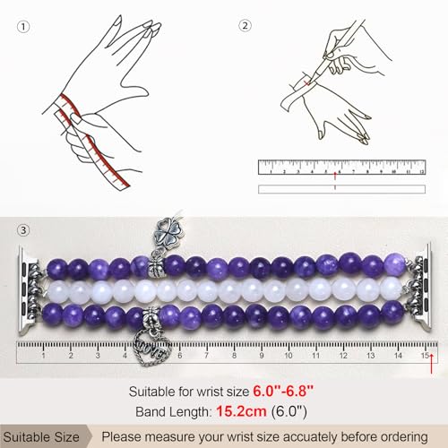 Newlibery Natural Stone Bracelet Beaded-Band Women Compatible with Apple Watch 42mm(S3/2/1) 44/45/46/49mm Feminine Handmade Stretch Strap for iWatch Series 11/10/9/8/7/6/5/4/3/2/1 SE 3/2/1 Ultra1/2/3 - color: A4 Amethyst Quartz, size: 46(S10/11)/49/45/44/