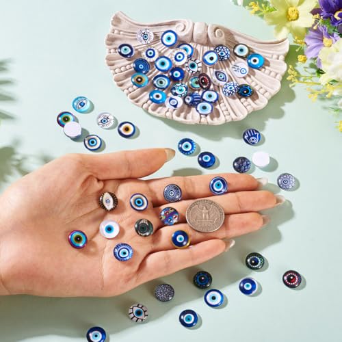 100Pcs/Set Flat Round Transparent Glass Cabochons with Pattern Eye Flatback Glass Dome Flatback Cab Beads for Photo Cameo Jewelry Making Necklace Ring DIY Crafts 12x4mm Blue Eye - color: 100Pcs-12x4mm-Blue Eye