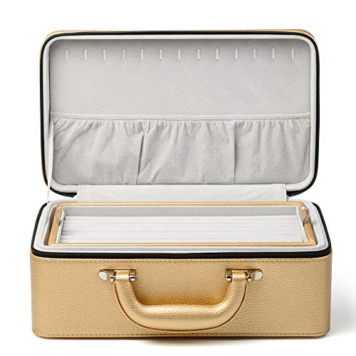 Oirlv Gold Leather Jewelry Box Handmade Travel Jewelry Organizer Storage Case Holder For Girl Lady Earring,Ring,Necklace,Pendant,Watch,Bracelet.(3 layers) - color: Golden