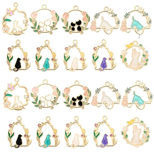 Bulk Gold Enamel Charms for Jewelry Making, Colorful Metal Charms Pendant for Bracelet Necklace and Crafting - color: Cat on Wreath1 Mixed Color