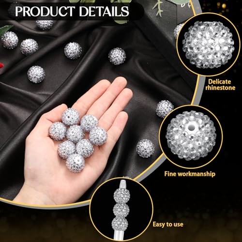 40 Pcs 20 mm Rhinestone Beads Bulk Crystal Round Disco Ball Chunky Bubblegum Beads for Pens Bracelets Charms Craft European Style Jewelry Making Supplies Christmas(White and Silver) - color: White and Silver