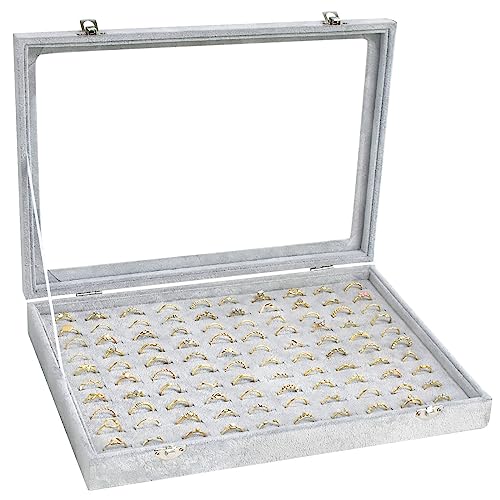 Ring Display Case Organizer Box with Transparent Lid, 100 Slot Ring Organizer Holder Showcase For Store Display Jewelry Show Home (Grey) - color: Grey, size: Ring tray