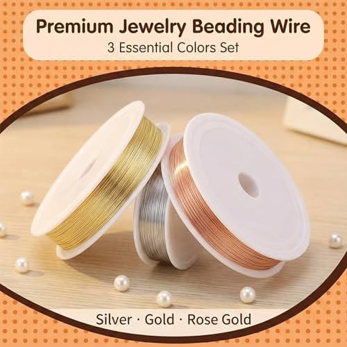 3 Rolls Jewelry Beading Wire, 0.2mm Copper Craft Wire for Jewelry Making, Copper Beading-Wires, Thin Beading Wires for Jewelrys Making, DIY Craft (3 Colors, 82 Feet/Roll)