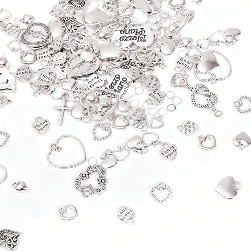 stino 100 Gram Metal Charms for Jewelry Making, Silver & Gold Plated, Bulk Pack for Bracelets, Necklaces, Crafts - color: Heart A Silver