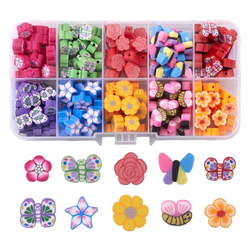 200Pcs Butterfly Flower Polymer Clay Beads Colorful Floral Butterfly Clay Beads for DIY Bracelet Necklace Earring Jewelry Making