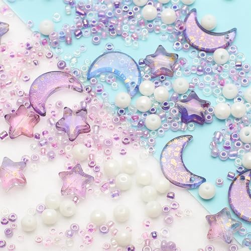 Mixed Star Moon Crystal Glass Beads Seedbeads Loose Round Pearl Beads for Jewelry Making Craft Bracelets Necklaces Earrings DIY Crafts Projects Purple Glass Spacer Bead Kits for Crafts - color: Purple