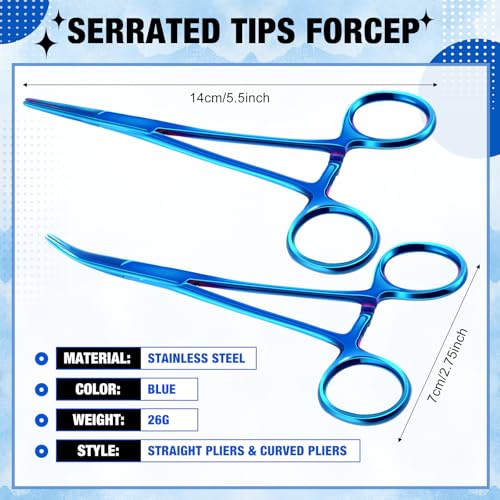 BBTO Hemostat Curved and Straight Hemostat Forceps Piercing Pliers Forceps, Stainless Steel Straight and Curved Pliers, Fishing Tweezer(Blue,2 Pcs) - color: Blue
