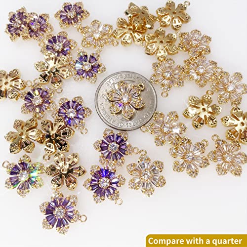 Crystal Zirconia Gold Plated Brass Charms for Jewelry Making Bracelet Necklace Earring Pendant Craft Supplies DIY Accessories - color: FlowerB-Purple-6Pcs