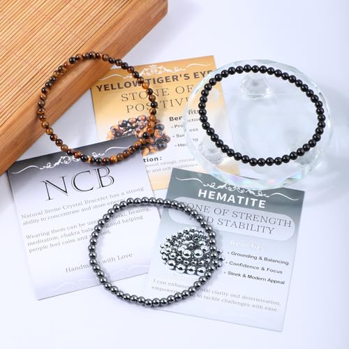 NCB 2.3-Piece 4mm Natural Crystal Gemstone Stretch Bracelets – Handmade Reiki Energy Healing Jewelry for Meditation,Yoga, Unisex - color: 3PCS ( Black Onyx+Hematite+Yellow Tiger's Eye ), size: 4mm