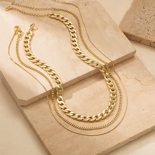 Tewiky Layered Necklaces for Women Non Tarnish- Chunky 14k Gold Plated Herringbone/Snake/Rope/Box/Cuban Link Chain for Women Waterproof Layering Stack Choker Necklace Trendy Dainty Tarnish Free Jewelry Set - color: 3 Chunky cuban/box-Gold