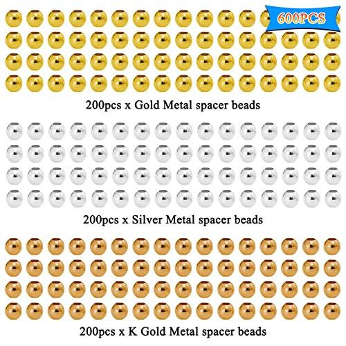 600Pcs 5mm Spacer Beads for Jewelry Making Metallic Plated Beads Smooth Seamless Round Loose Connector Beads Metal Crimp Stopper Beads for DIY Earring Necklace Bracelet Making (Gold, Silver, KC Gold) - color: 5mm, Gold Silver KC Gold