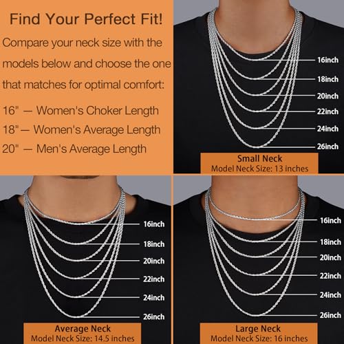 Italian Solid 14K Gold Plated 925 Sterling Silver Chain Necklace for Women, 1.5mm & 2.5mm Dainty Non Tarnish & Hypoallergenic Rope Chain Women's Chain Necklaces 16 18 20 22 24 26 Inch - color: 2.5mm White Gold, size: 22 Inch