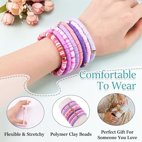 Friendship Bracelet Beaded Bracelet Heishi Surfer Bracelets Set Polymer Clay Heishi Beads Stretch Bracelets Preppy Bohemian Summer Beach Bracelets for Women - color: Purple