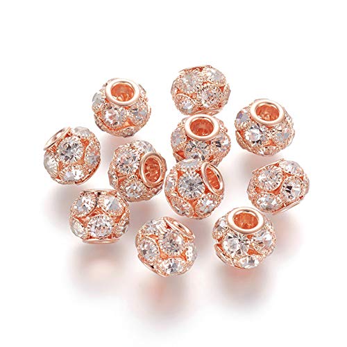 Craftdady 30Pcs Crystal Rhinestone Disco Ball Beads 14mm Rose Gold Rondelle European Loose Beads Large Hole Brass Spacer Beads for Bracelet Necklace Earring Craft Making - color: Rose Gold-14x12mm