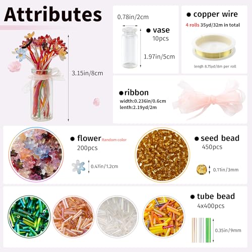 2265pcs Beaded Bouquet Plant Making Kit,DIY Forever Flower with 10 Tiny Vases,Rainy Day Fun Beading Project Supplies for Beginners,Mother's Father's Teacher's Day Craft Gift Decor Greeting Cards