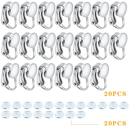 20pcs Silver Clip-on Earring Converters D-Shaped Brass French Earring Clips Components with 20pcs Comfort Earring Pads for None Pierced Ears Jewelry Making - color: Silver