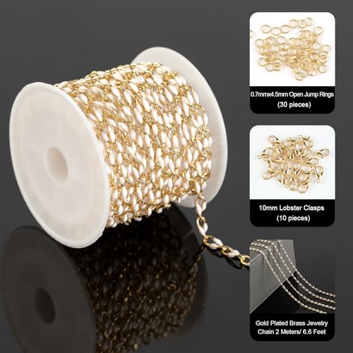 White Enamel Cable Chain Customize Necklace DIY Jewelry Chain Roll, 2 Meters Gold Plated Brass Chain with Jump Rings and Lobster Clasps - color: White