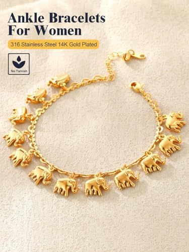 U7 Women Girls Barefoot Jewelry 18K Gold or Rose Gold Stainless Steel Heart/Rope/Figaro/Cuban Chain Anklet Foot Bracelet, 25-30 CM Long - color: Gold Plated-Elephant Charm
