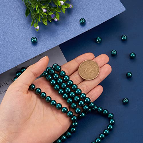 Cheriswelry 100pcs/strand 8mm Round Glass Pearl Beads Strand Tiny Satin Luster Pearl Beads Loose Spacer for DIY Bracelet Necklace Earrings Jewelry Making Crafts Supplies (Teal)