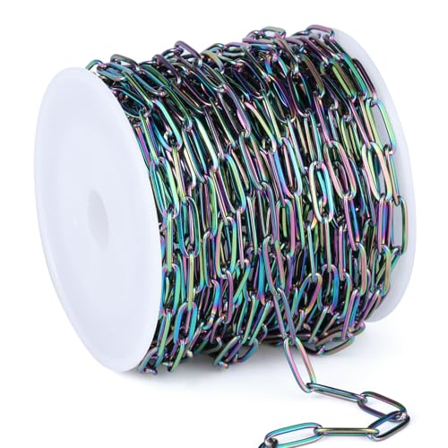 [16.5 Ft] Stainless Steel Paperclip Chains Roll, 4.3mm Width Rainbow Plated Stainless Steel Oval Link Chains Spool Bulk for Jewelry Making - color: colorful(4.3mm)