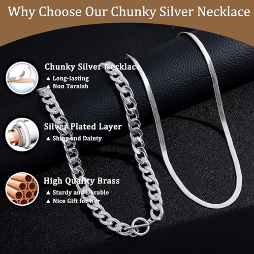 CHESKY 14K Gold Plated Chunky Necklace for Women, Trendy Paperclip Chain Necklace Thick Cross Heart Pendant Necklace Layered Herringbone Cuban Link Chain Toggle Necklaces Non Tarnish Jewelry - color: silver, style: cuban+herringbone