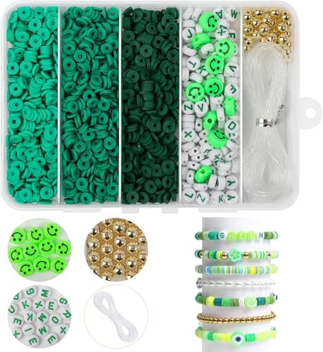 Clay Beads Bracelet Making Kit for Beginner, 2100 Pcs Preppy Polymer Heishi Beads with Charms Kit for Jewelry Making Necklace Earring DIY Crafts - color: Grenn Preppy