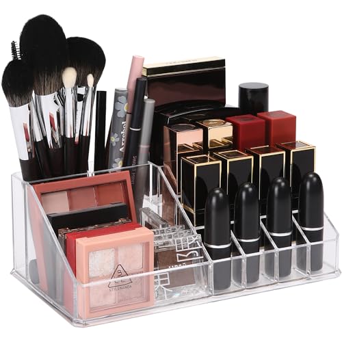 Sea Team 16-Slot Acrylic Plastic Lipstick Organizer, Clear Lipstick Holder, Makeup Storage Box, Cosmetic Display Case for Lippie, Lip Gloss, Eye Liner, Eyebrow Pencil, Nail Polish, Essence, Brush - size: 16 Lipstick Slots