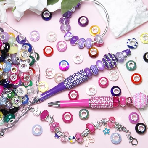 100 Pieces Large Hole Beads Spacer Bead Mixed Assorted European Craft Big Beads Large Hole Lampwork Murano Fairy Wand Garden Bead for DIY Pens Charms Bracelet Necklace Keychain Jewelry Making Supplies - color: Rainbow, size: 100 Pcs