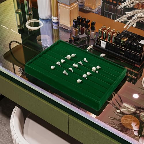 7 Slots Velvet Jewelry Tray Ring Earring Display Tray Jewelry Drawer Organizer Ring Earring Holder Storage (Green) - size: 7 Slot