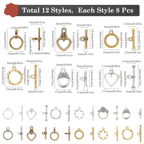 SUNNYCLUE 1 Box 96Pcs 12 Styles Alloy Toggle Clasp Tibetan Jewelry Toggle Clasps Bulk Antique Metal Silver T-Bar Closure Fastener Hook Connector Heart Clasp for Jewelry Making Necklace Bracelet DIY - style: Style 2