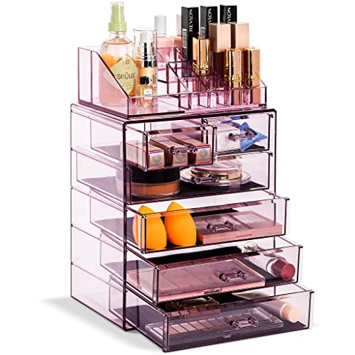 Sorbus Acrylic Makeup Organizer Set, 6-Drawer Vanity & Countertop Cosmetic Storage with Small & Wide Compartments, Purple Makeup Storage for Brushes, Jewelry – Holiday Gift for Women & Teens - color: Purple, size: 4 Large, 2 Small Drawers