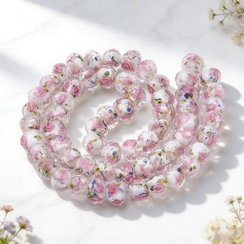 1 Box 60PCS 9-10MM Rose Lampwork Glass Beads Pink White Flower Gold Sand Handmade Rondelle Faceted Floral Round Spacer Loose Bead Bulk for Jewelry Making Spring Necklace Bracelet DIY Craft - color: White Pink, size: 60pcs