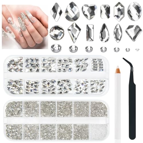 qiipii 4080Pcs Silver Clear Nail Rhinestones Crystal White Stones More Quantity 1.5-4mm Flatback Round Beads K9 Glass Gems Nail Art Diamonds Jewels Charms for Nails Face Eyes Makeup Shoes DIY Crafts - color: Crystal Clear, size: A Set