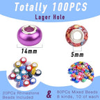 100pcs Large Hole Spacer Beads for Bracelet Necklace Pen & Keychain Making, European Glass Jewelry Findings & Supplies, Bubble Gum Beads, Mixed Style (100Pcs European) - color: 100Pcs European