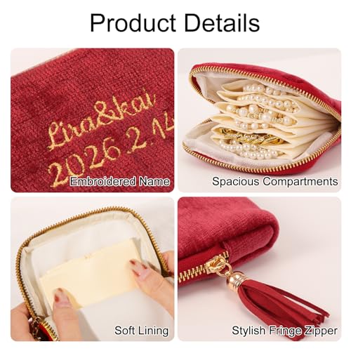Mothers Day Gifts Personalized Travel Jewelry Case with Embroidered Name,Custom Small Jewelry Pouch Velvet Jewelry Organizer Storage Bag for Bracelet Rings Earring - color: Red