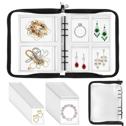 Jewelry Storage Book Set Transparent Travel Jewelry Organizer with Anti-Oxidation Pocket Traveling Necklace Earring Organizer for Ring, Bracelets, Postcard(120 Grids +75 Thicken PVC Zipper Bags)