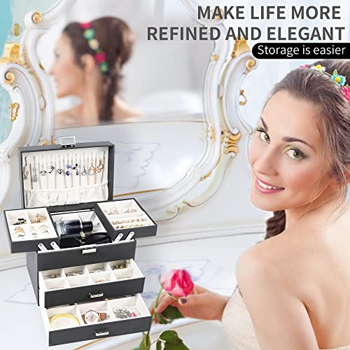 Dajasan Jewelry Organizer Box, Large Jewelry Boxes for Women Girls, Space-Saving 4 Layers Jewelry Storage Case with Drawer, Movable Metal Stand, Modern, Gift Idea (Black + Silver) - color: Black + Silver